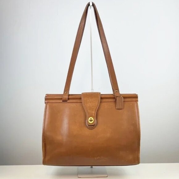 Coach 90s USA Vintage Barclay British Tan Leather Brass Turn Lock XL Tote Bag - Picture 1 of 16